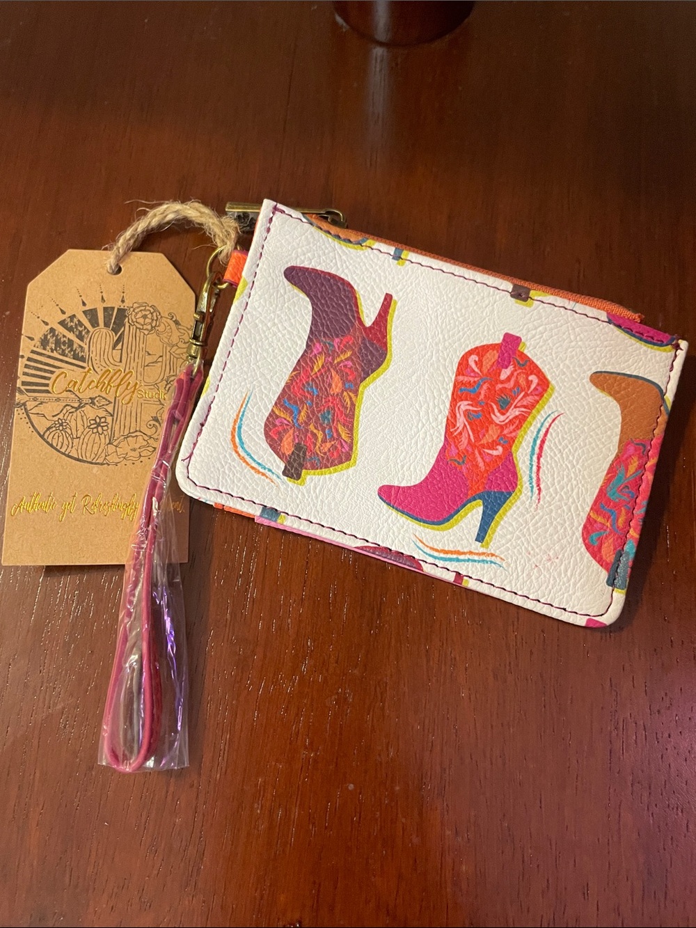Catchfly Wristlet Card Case with Pink Western Boot Print